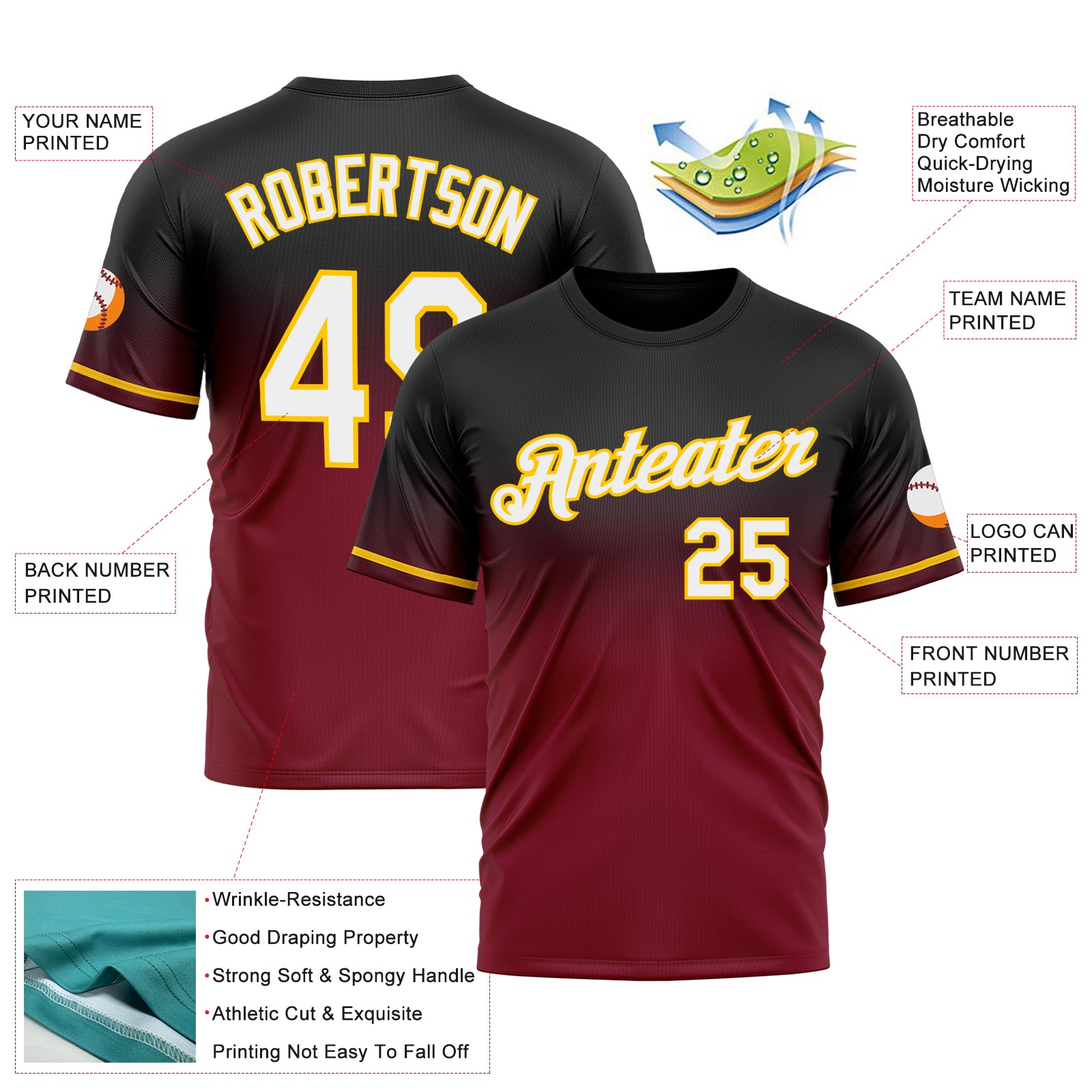 Custom Black Crimson-Yellow Fade Fashion Performance T-Shirt