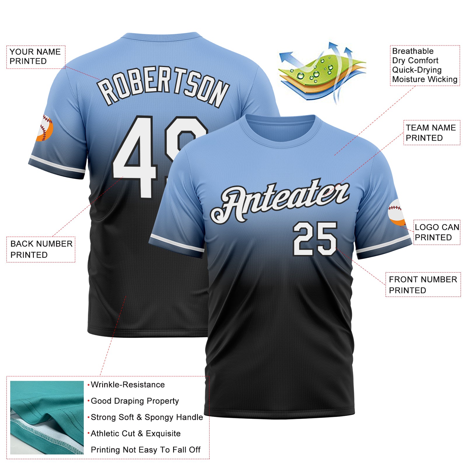 Custom Light Blue White-Black Fade Fashion Performance T-Shirt