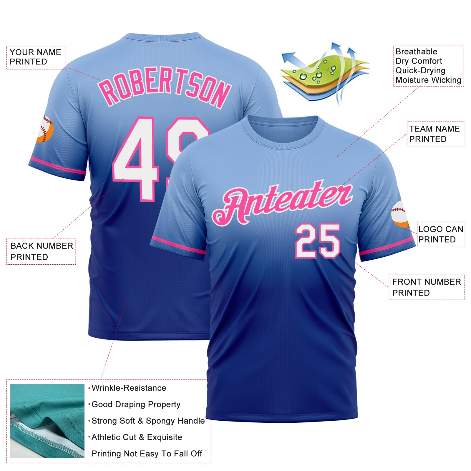 Custom Light Blue Royal-Pink Fade Fashion Performance T-Shirt