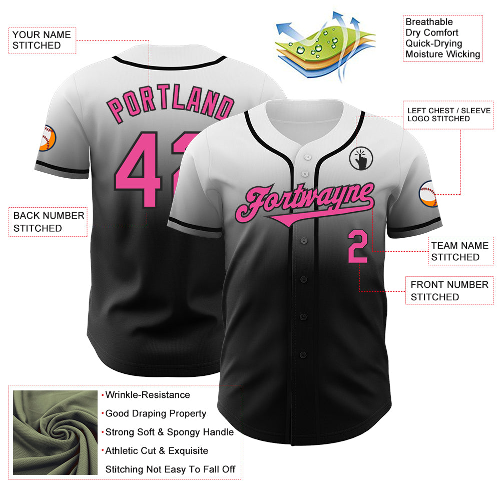 Custom White Pink-Black Authentic Fade Fashion Baseball Jersey