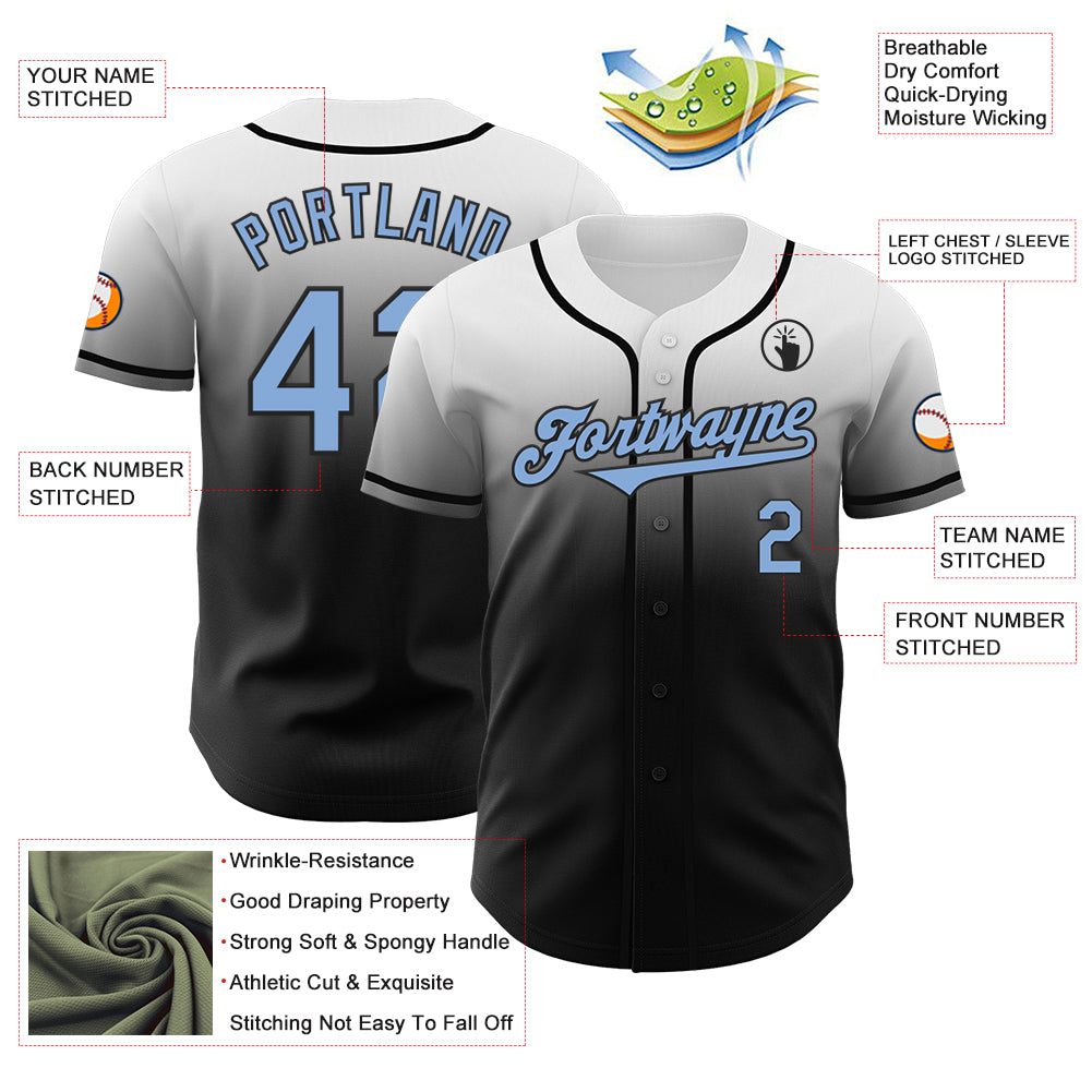 Custom White Light Blue-Black Authentic Fade Fashion Baseball Jersey