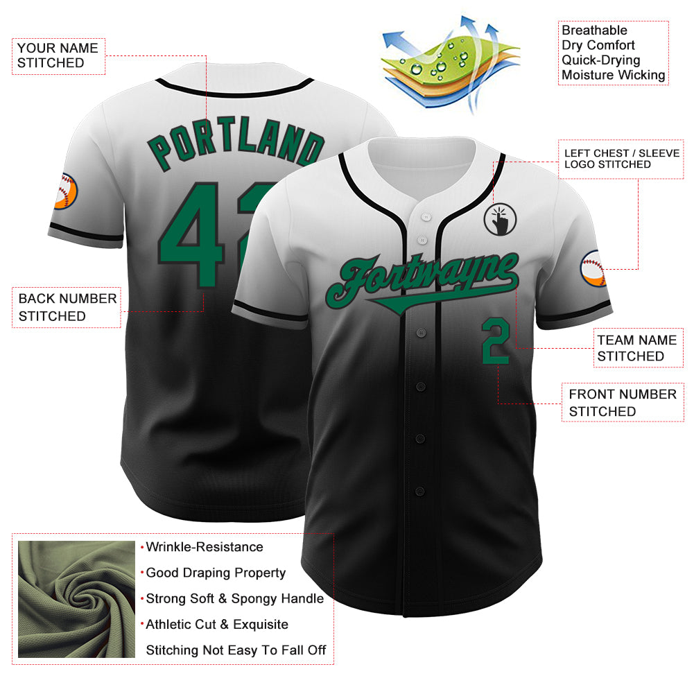 Custom White Kelly Green-Black Authentic Fade Fashion Baseball Jersey