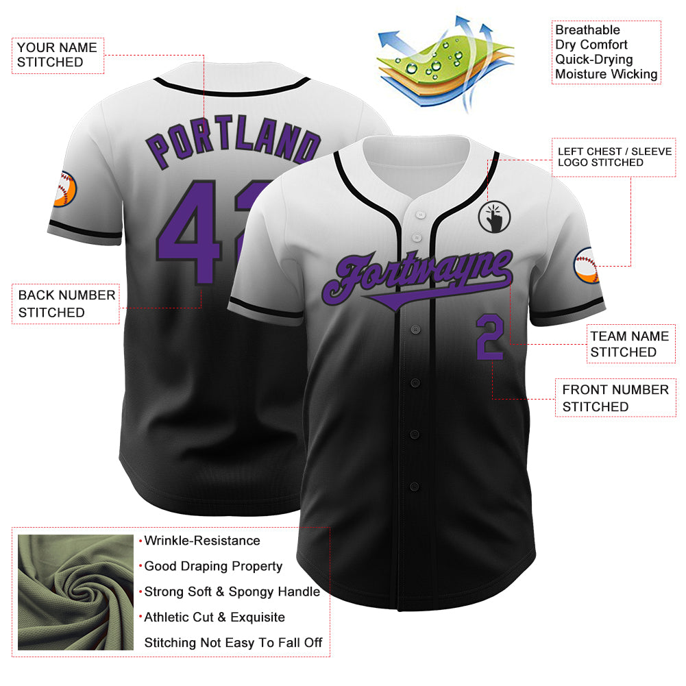 Custom White Purple-Black Authentic Fade Fashion Baseball Jersey