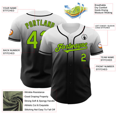 Custom White Neon Green-Black Authentic Fade Fashion Baseball Jersey