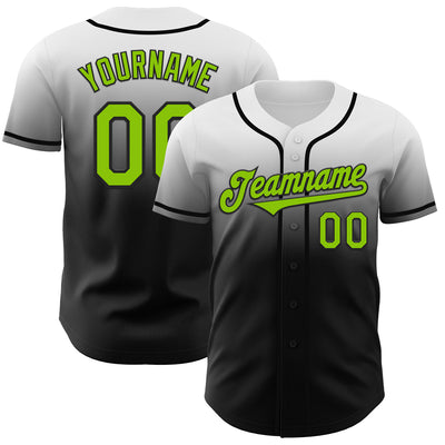 Custom White Neon Green-Black Authentic Fade Fashion Baseball Jersey