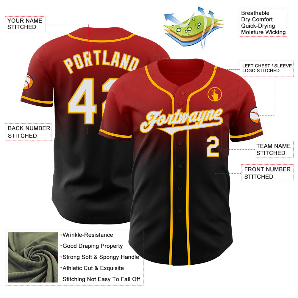 Custom Red Black-Gold Authentic Fade Fashion Baseball Jersey