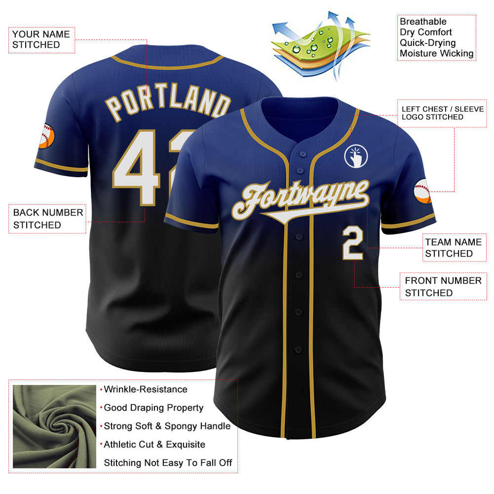 Custom Royal Black-Old Gold Authentic Fade Fashion Baseball Jersey