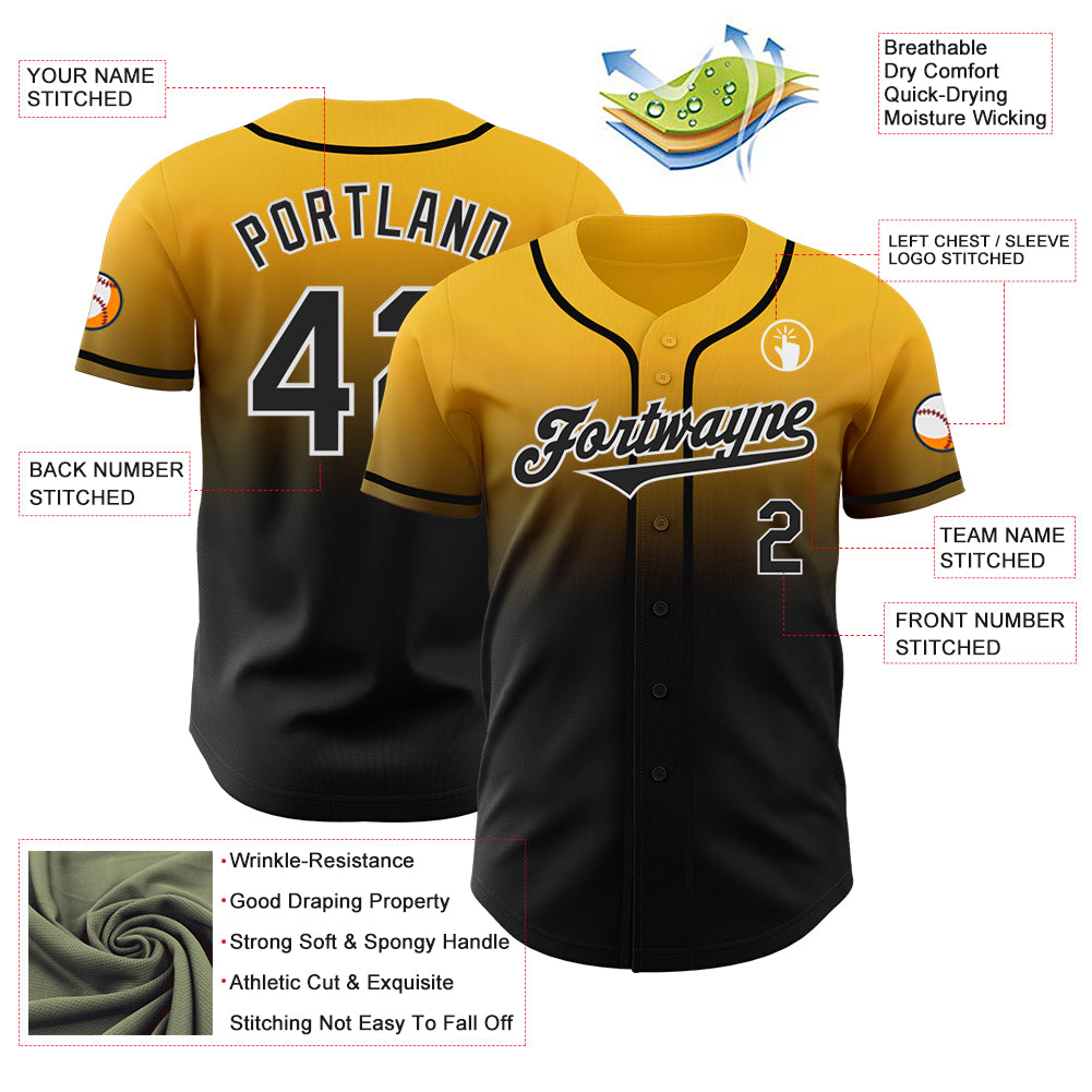 Custom Gold Black-White Authentic Fade Fashion Baseball Jersey