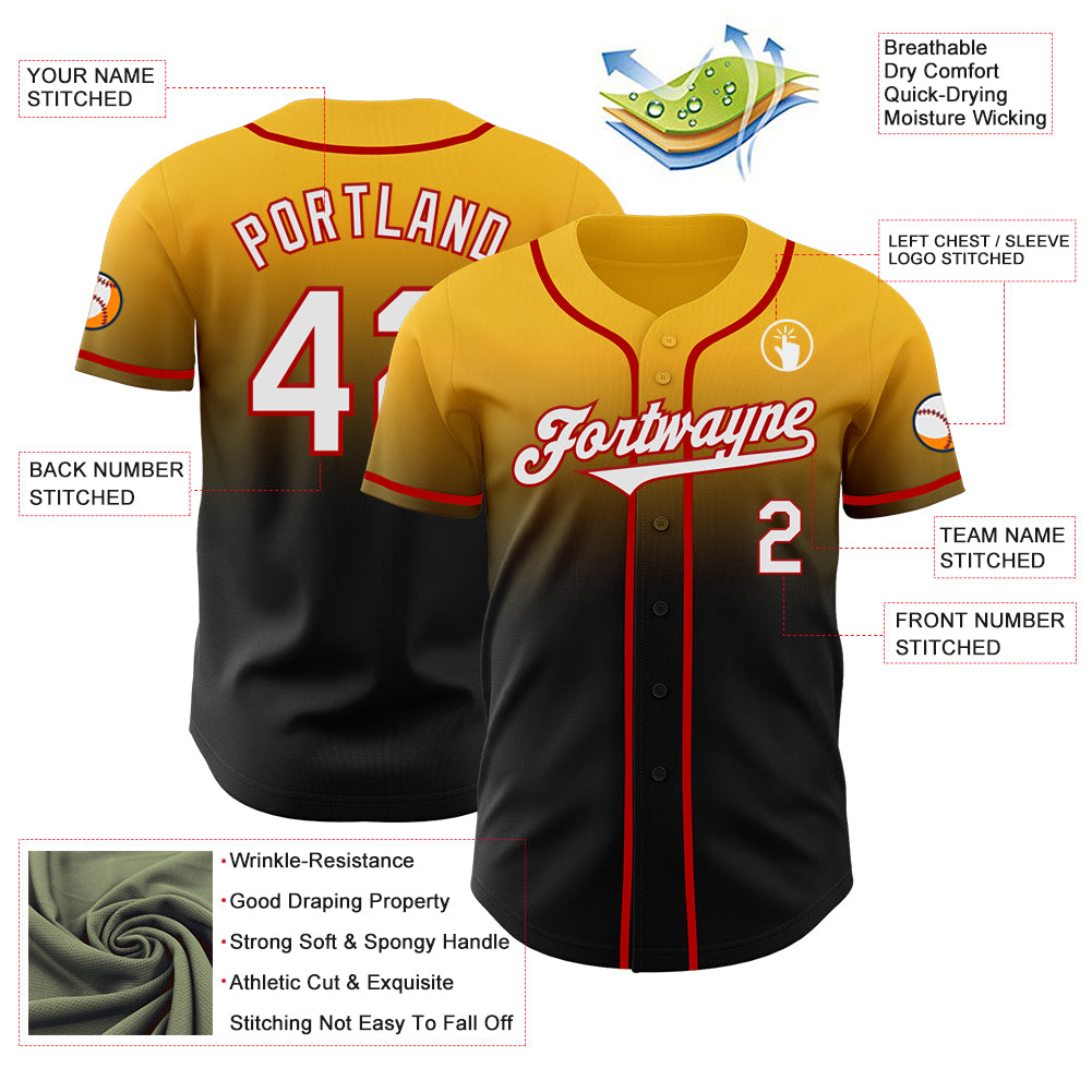 Custom Gold Black-Red Authentic Fade Fashion Baseball Jersey