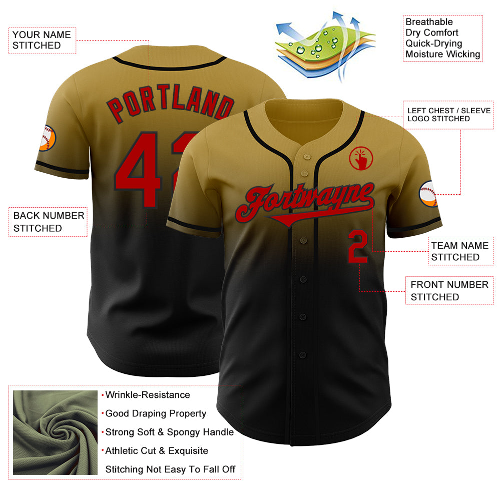 Custom Old Gold Red-Black Authentic Fade Fashion Baseball Jersey