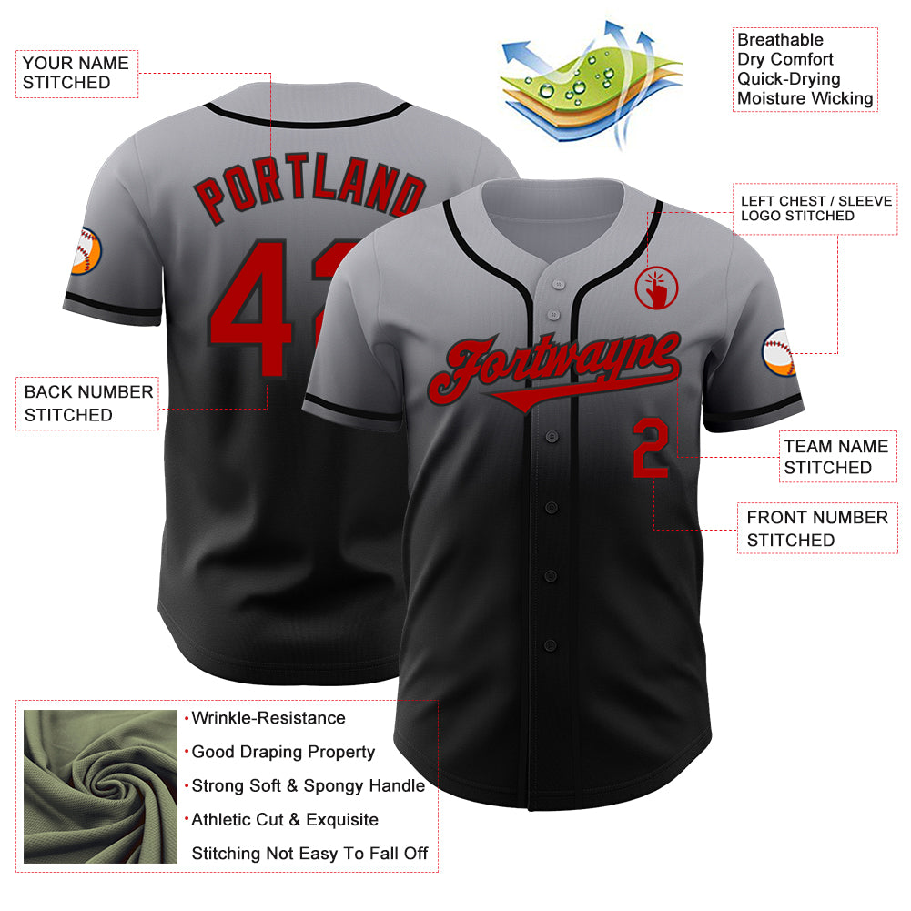 Custom Gray Red-Black Authentic Fade Fashion Baseball Jersey