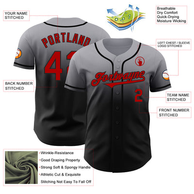 Custom Gray Red-Black Authentic Fade Fashion Baseball Jersey