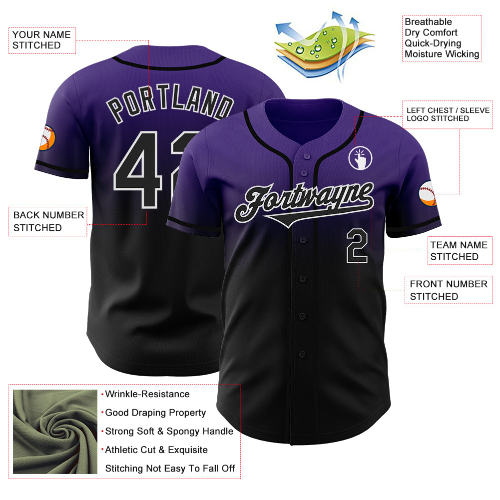 Custom Purple Black-White Authentic Fade Fashion Baseball Jersey