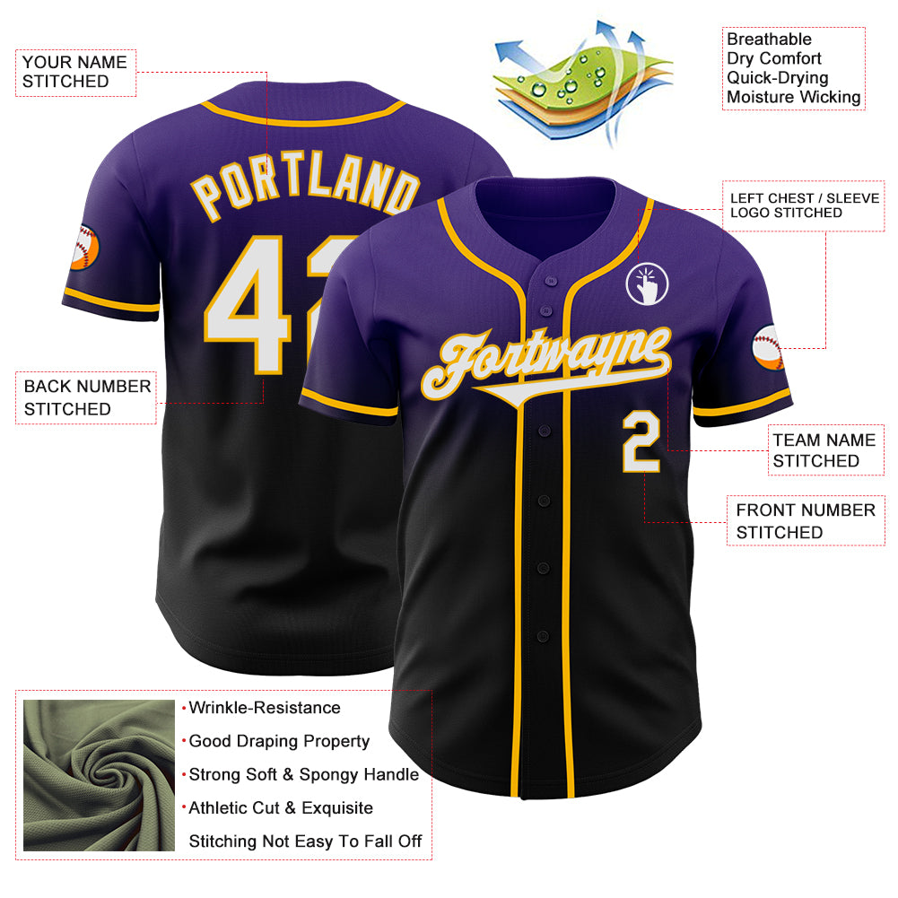 Custom Purple Black-Gold Authentic Fade Fashion Baseball Jersey