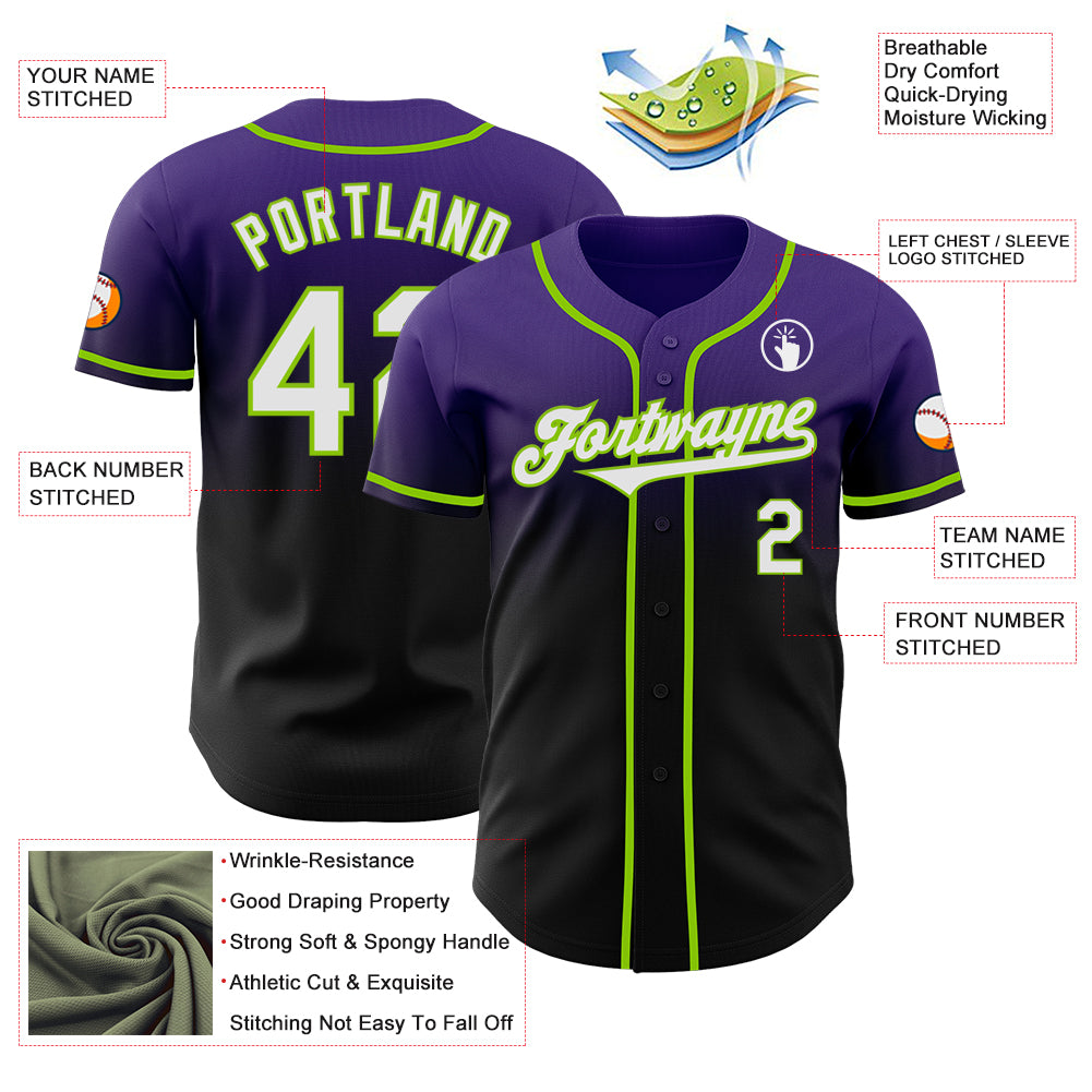 Custom Purple Black-Neon Green Authentic Fade Fashion Baseball Jersey