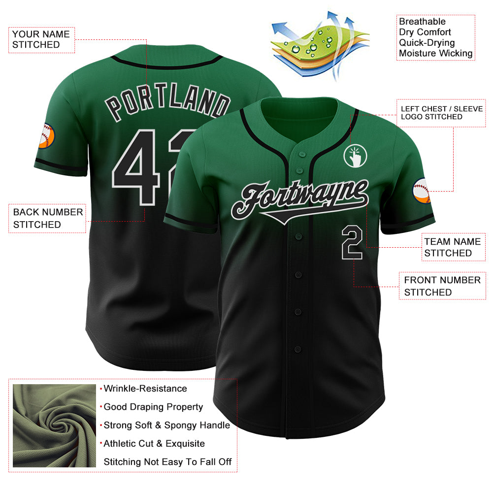 Custom Kelly Green Black-White Authentic Fade Fashion Baseball Jersey