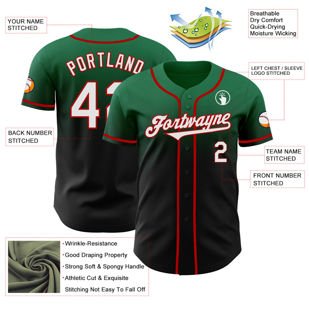 Custom Kelly Green Black-Red Authentic Fade Fashion Baseball Jersey