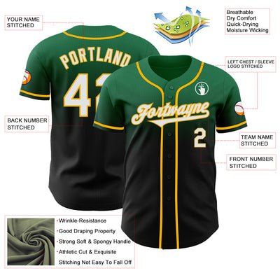 Custom Kelly Green Black-Gold Authentic Fade Fashion Baseball Jersey
