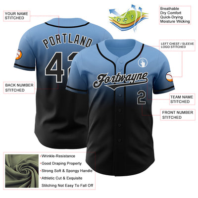 Custom Light Blue Black-White Authentic Fade Fashion Baseball Jersey