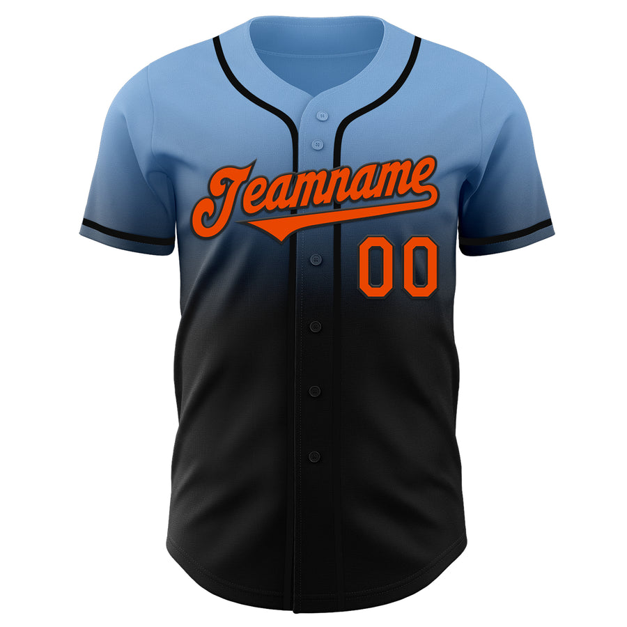 Custom Light Blue Orange-Black Authentic Fade Fashion Baseball Jersey