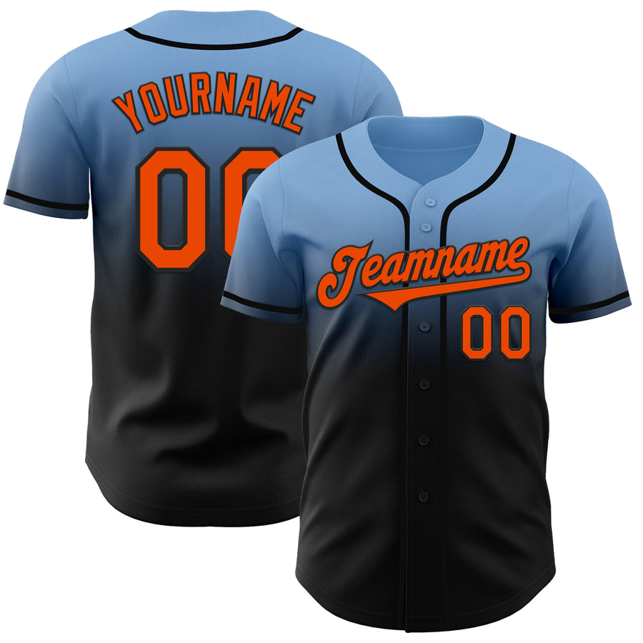Custom Light Blue Orange-Black Authentic Fade Fashion Baseball Jersey