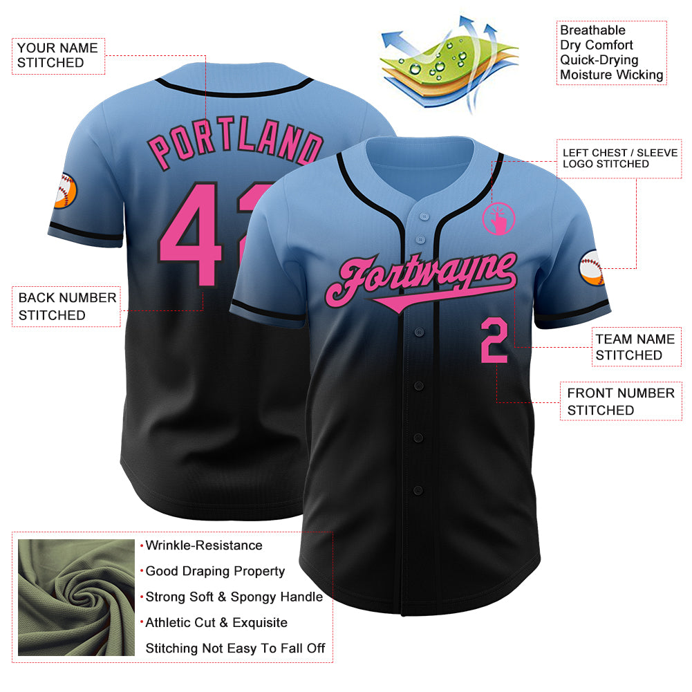 Custom Light Blue Pink-Black Authentic Fade Fashion Baseball Jersey