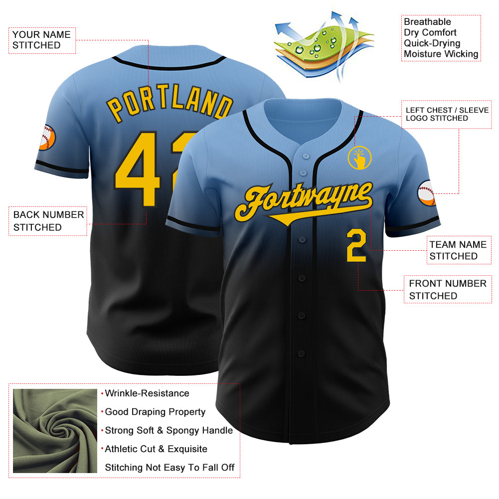 Custom Light Blue Yellow-Black Authentic Fade Fashion Baseball Jersey