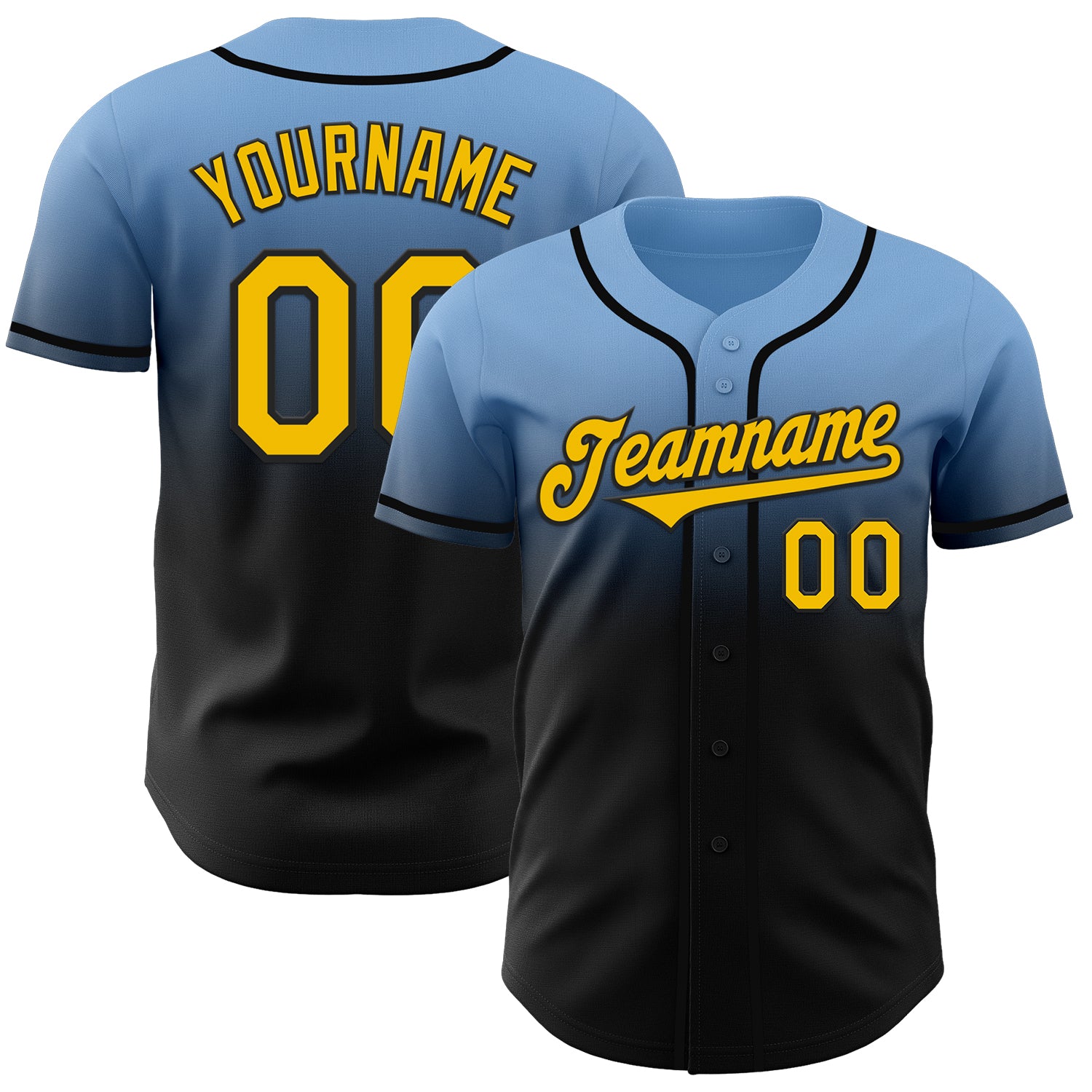 Custom Light Blue Yellow-Black Authentic Fade Fashion Baseball Jersey