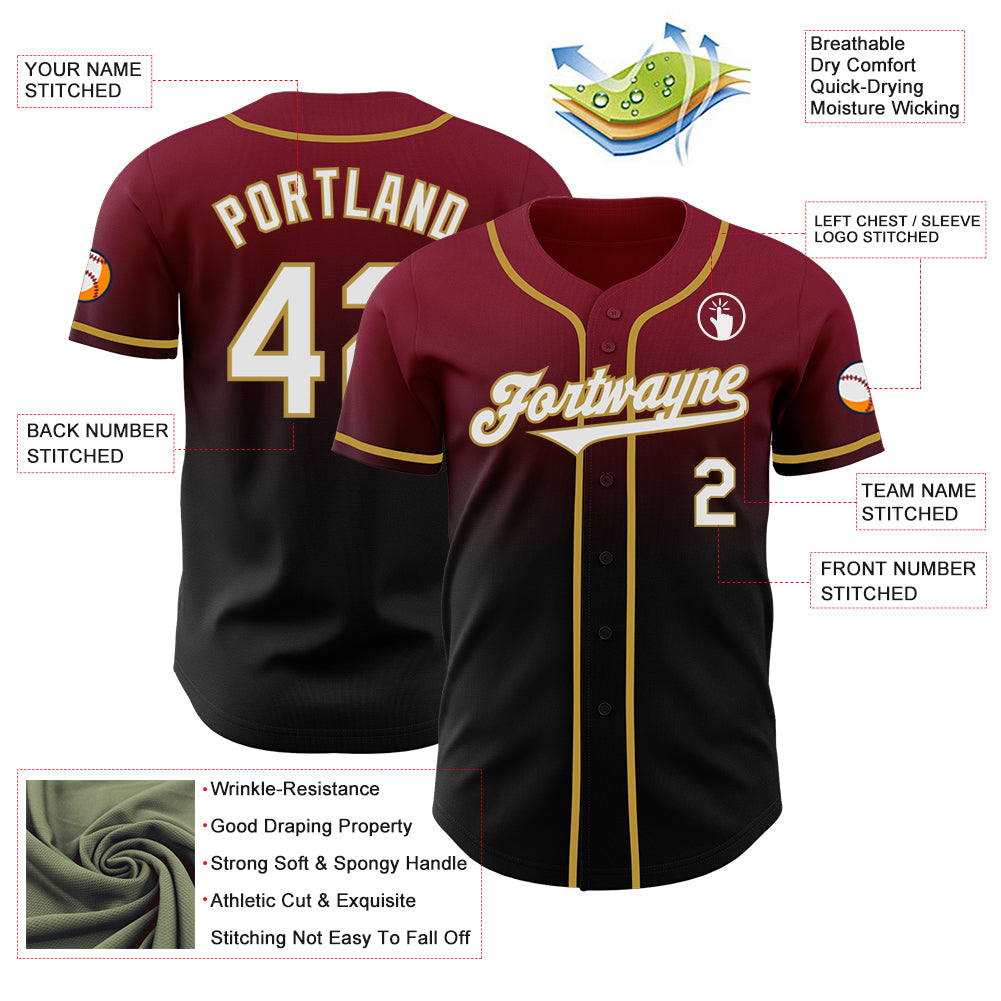 Custom Crimson Black-Old Gold Authentic Fade Fashion Baseball Jersey