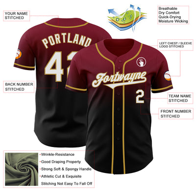 Custom Crimson Black-Old Gold Authentic Fade Fashion Baseball Jersey