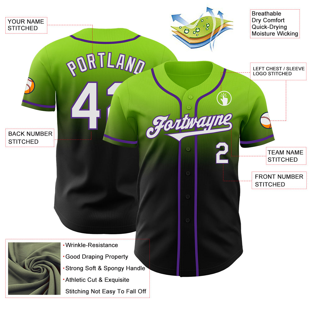 Custom Neon Green Black-Purple Authentic Fade Fashion Baseball Jersey