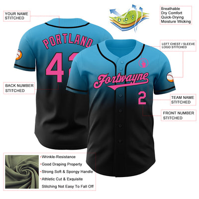 Custom Sky Blue Pink-Black Authentic Fade Fashion Baseball Jersey