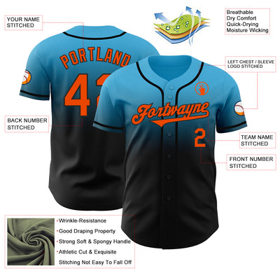 Custom Sky Blue Orange-Black Authentic Fade Fashion Baseball Jersey