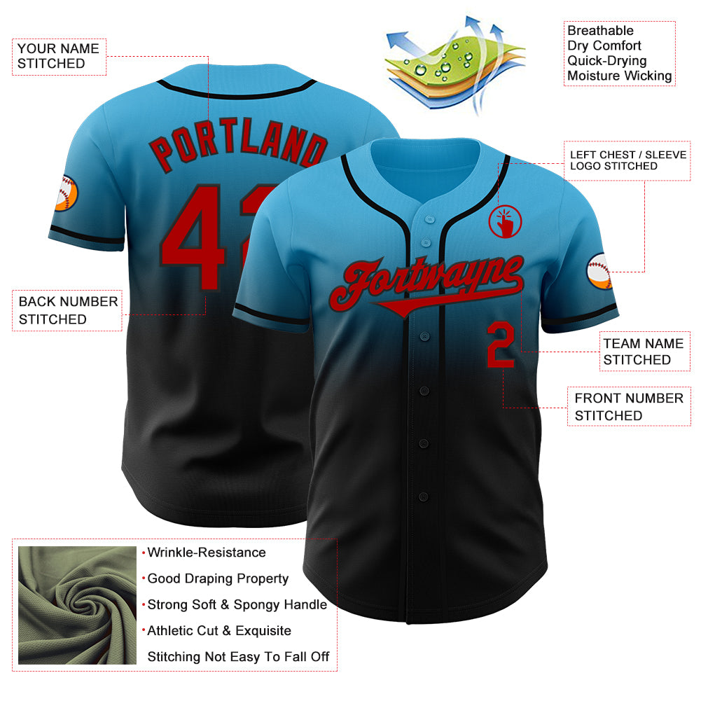 Custom Sky Blue Red-Black Authentic Fade Fashion Baseball Jersey
