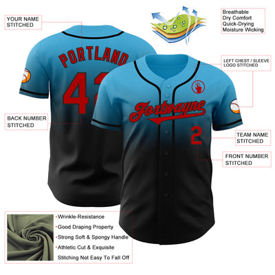 Custom Sky Blue Red-Black Authentic Fade Fashion Baseball Jersey