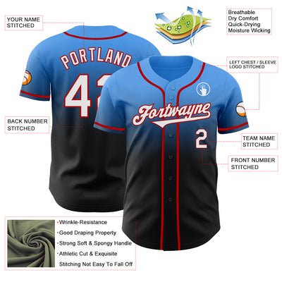 Custom Electric Blue Black-Red Authentic Fade Fashion Baseball Jersey