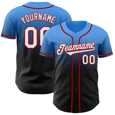 Custom Electric Blue Black-Red Authentic Fade Fashion Baseball Jersey
