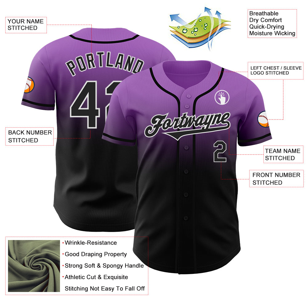 Custom Medium Purple Black-White Authentic Fade Fashion Baseball Jersey