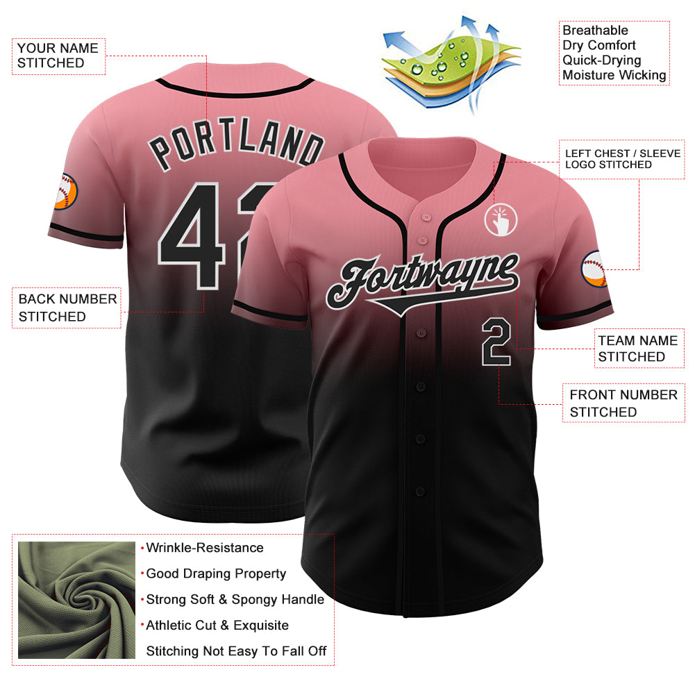 Custom Medium Pink Black-White Authentic Fade Fashion Baseball Jersey
