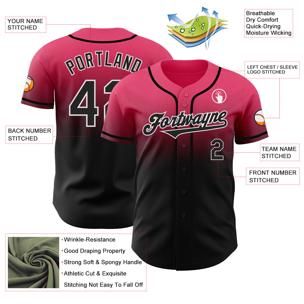 Custom Neon Pink Black-White Authentic Fade Fashion Baseball Jersey