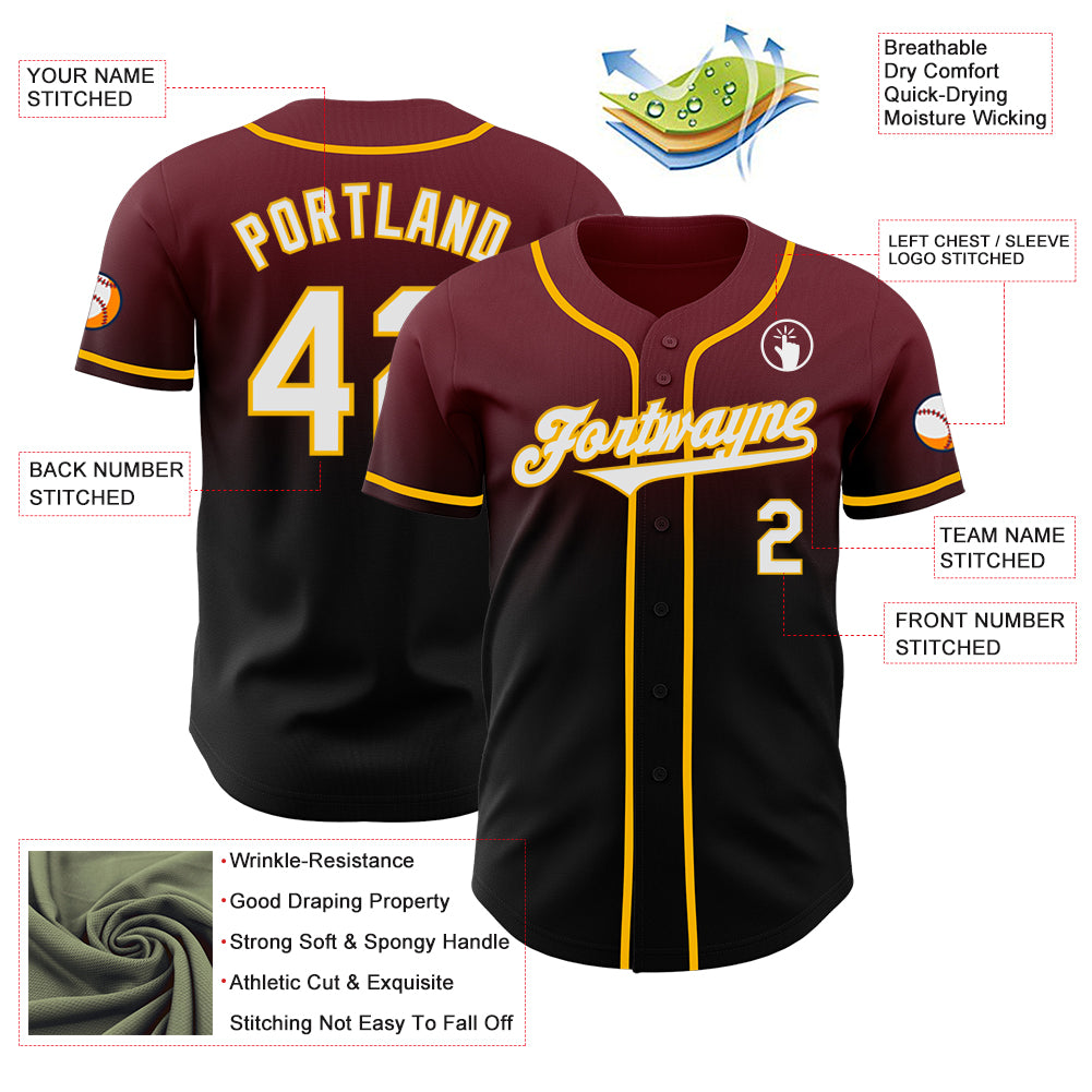 Custom Burgundy Black-Gold Authentic Fade Fashion Baseball Jersey