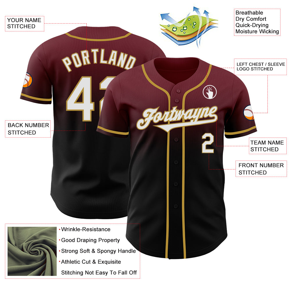 Custom Burgundy Black-Old Gold Authentic Fade Fashion Baseball Jersey