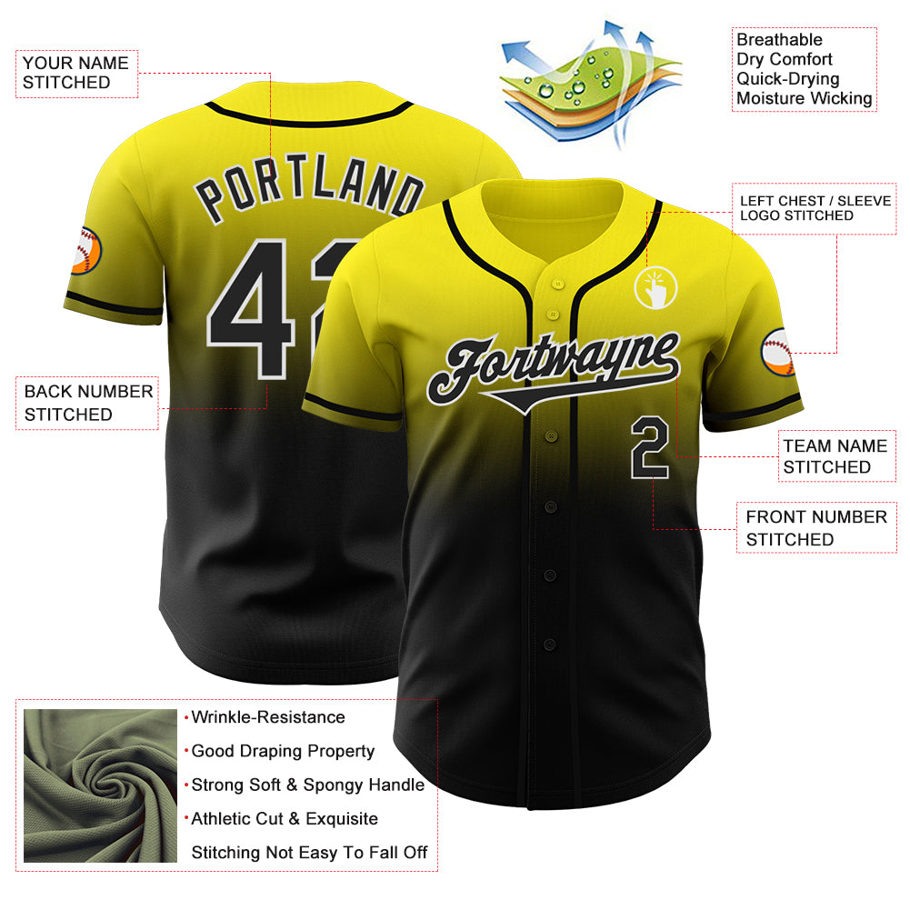 Custom Light Yellow Black-White Authentic Fade Fashion Baseball Jersey
