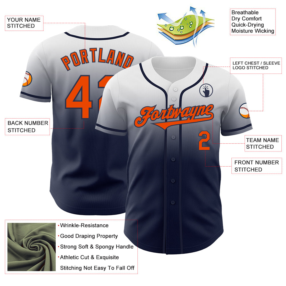 Custom White Orange-Navy Authentic Fade Fashion Baseball Jersey