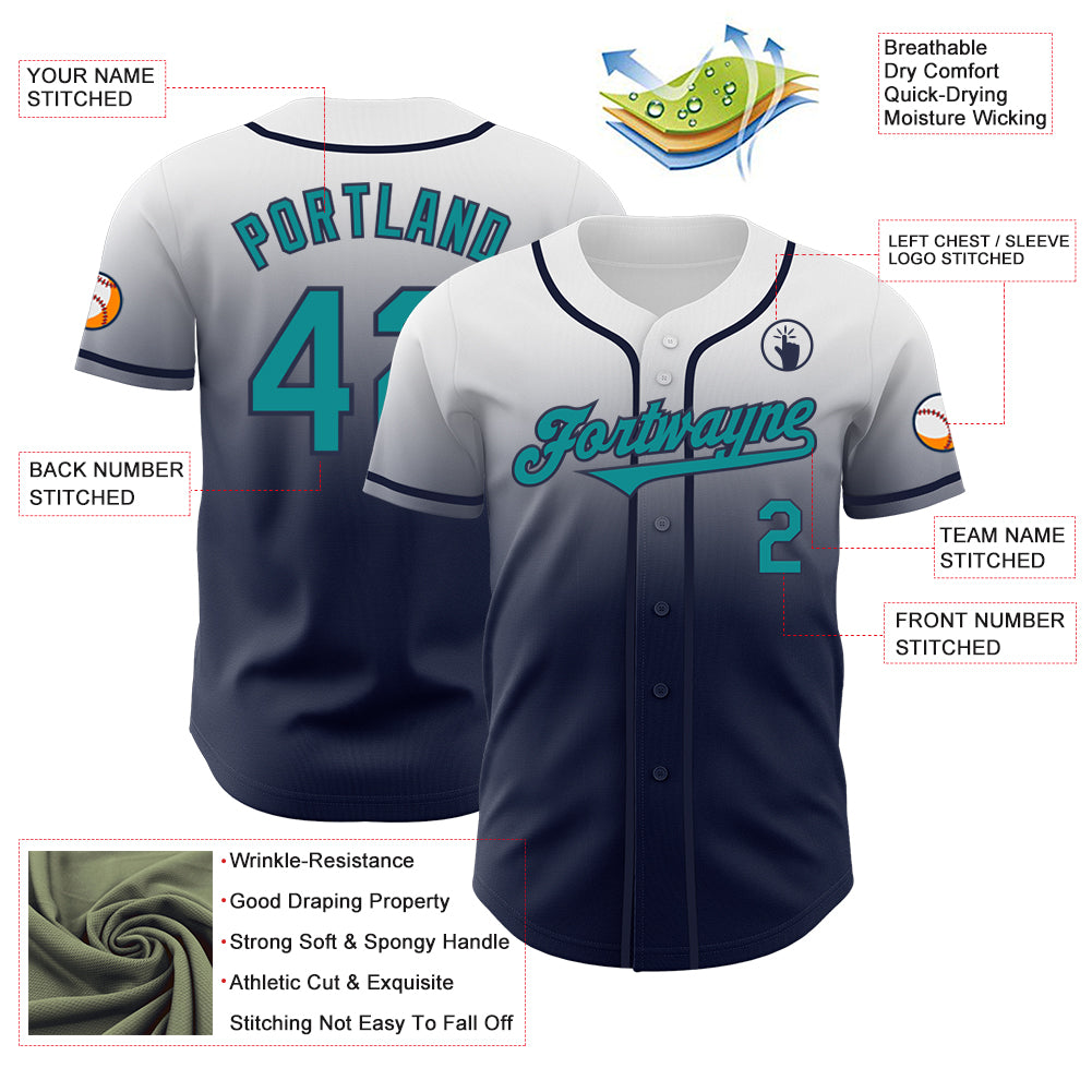 Custom White Teal-Navy Authentic Fade Fashion Baseball Jersey