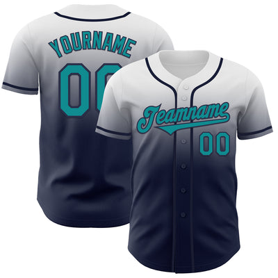 Custom White Teal-Navy Authentic Fade Fashion Baseball Jersey