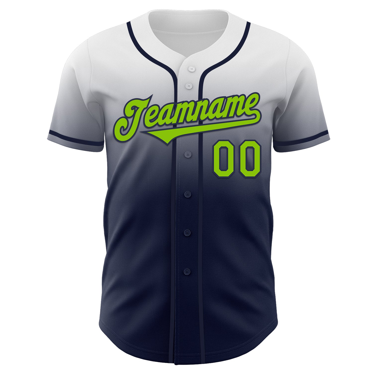 Custom White Neon Green-Navy Authentic Fade Fashion Baseball Jersey