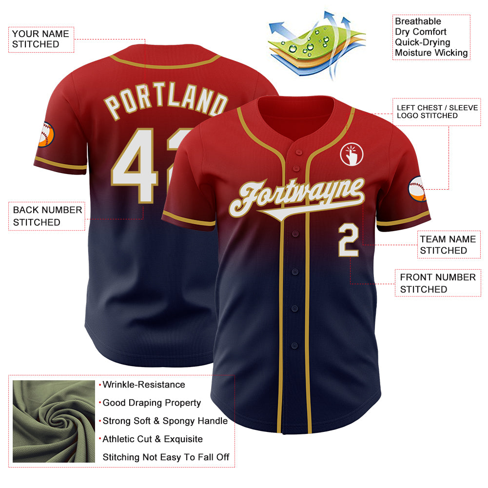 Custom Red Navy-Old Gold Authentic Fade Fashion Baseball Jersey