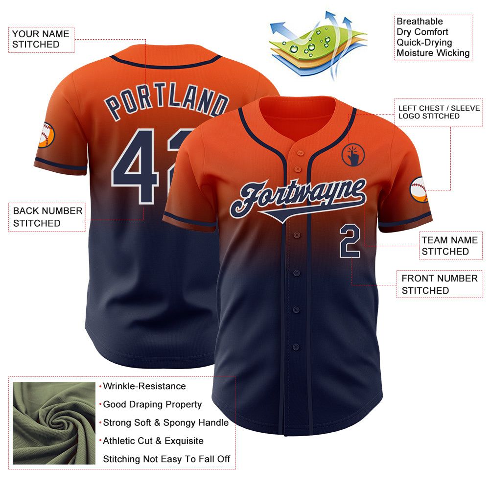 Custom Orange Navy-White Authentic Fade Fashion Baseball Jersey