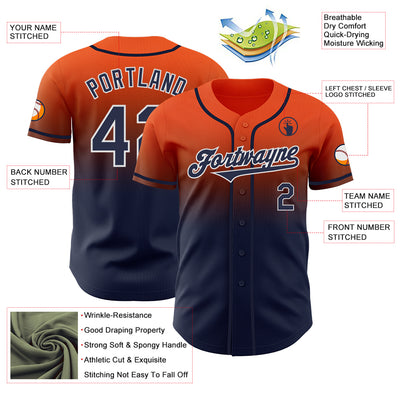 Custom Orange Navy-White Authentic Fade Fashion Baseball Jersey